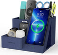 TopMade Wireless Charger with Desk Nightstand Organizer, Leather Pen Pencil Holder Bedside Fast Charging Station, for iphone Charging Stand Office Supplies Desk Accessories, Gifts for Men(Blue)
