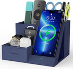 TopMade Wireless Charger with Desk Nightstand Organizer, Leather Pen Pencil Holder Bedside Fast Charging Station, for iphone Charging Stand Office Supplies Desk Accessories, Gifts for Men(Blue)