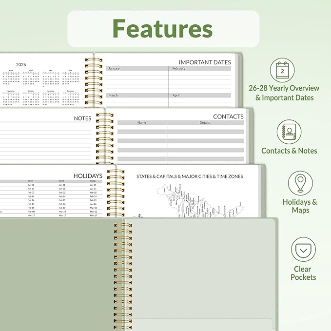 SUNEE 2026 Daily Planner,4-Person Group Appointment Book with Quarter-Hourly Layout. Weekly & One-Page-Per-Day Format, Jan to Dec 2026, 8.5"x11",Weekly Planner, Flexible Cover, Note Pages, Bookmark, Black,Sage Green