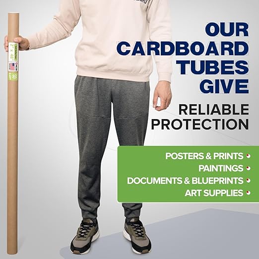 Paclord 2" x 48" Reinforced Kraft Paper Mailing Tube, Pack of 4 Tubes with 8 Caps – Secure USPS Approved Poster Tube – Cardboard Tube for Shipping and Storing Posters, Prints, Artwork, or Documents