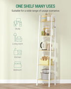 Hzuaneri Ladder Shelf, Bookshelf Bookcase, Freestanding Corner Storage Shelve with 2 Hooks for Home Office, Living Room, Kitchen, Bedroom, Industrial, 11.8" D x 13.4" W x 63" H, White Oak and White