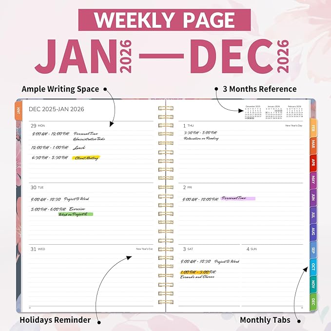 GNL 2026 Planner, Weekly and Monthly Planner January - December 2026, 6.4" x 8.3" Monthly Planner with Waterproof Flexible Cover, Spiral Binding Notebook with Colorful Tab, Pockets, Bookmark, Floral