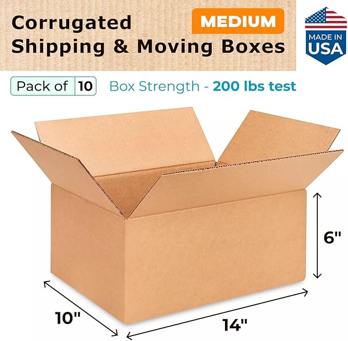 Medium Moving & Shipping Boxes 14x10x6 inches (10-Pack) - Extra Strength 200 lb vs Regular - Corrugated Cardboard Boxes for Delivery - Box for Shipping - Packing Box for Shipping by IDL Packaging