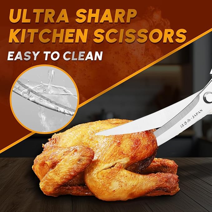 HUUSK Kitchen Scissors and Cooking Tong Set - Silver Kitchen Shears for Food with Stainless Steel BBQ Tongs, Japanese Style Dishwasher Safe Meat Scissors for All Purpose, Gifts for Men Women