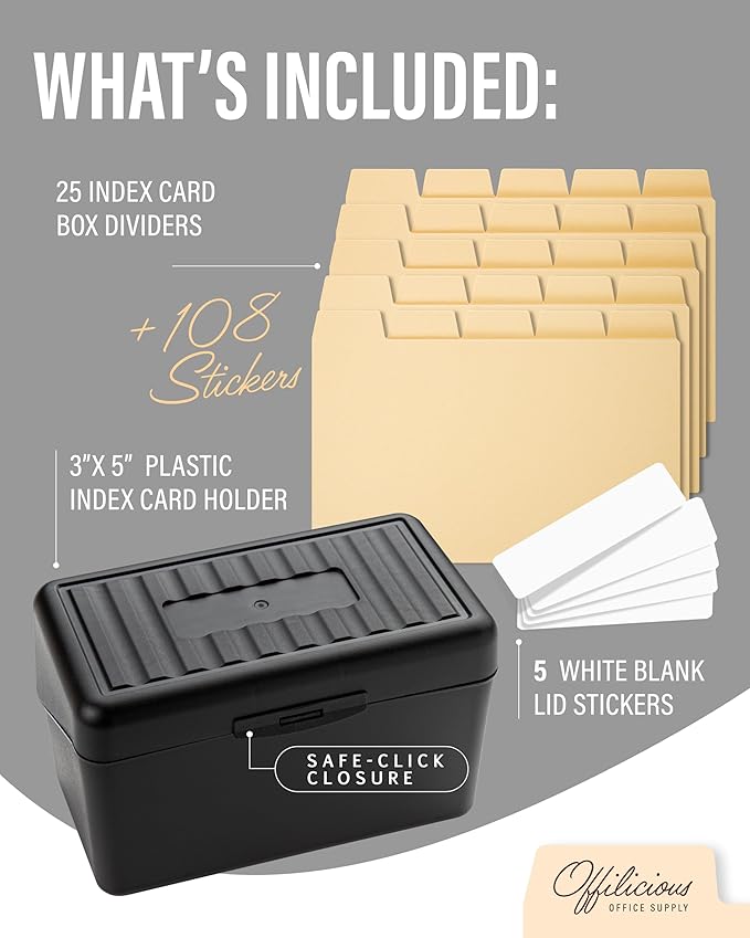 OFFILICIOUS Index Card Box 3x5 - Recipe Box with Manila Dividers & Stickers - Premium Index Card Holder Ideal as Business Card Organizer, Recipe Card Box, Index Card Organizer, Flash Card Holder