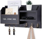 Lwenki Mail and Key Holder – Wall Mount Key Hanger with Shelf and 7 Metal Hooks – Decorative Natural Paulownia Wood Entryway Organizer with Mounting Hardware (16.5”W x 8.7”H x 3.5”D) (Black)