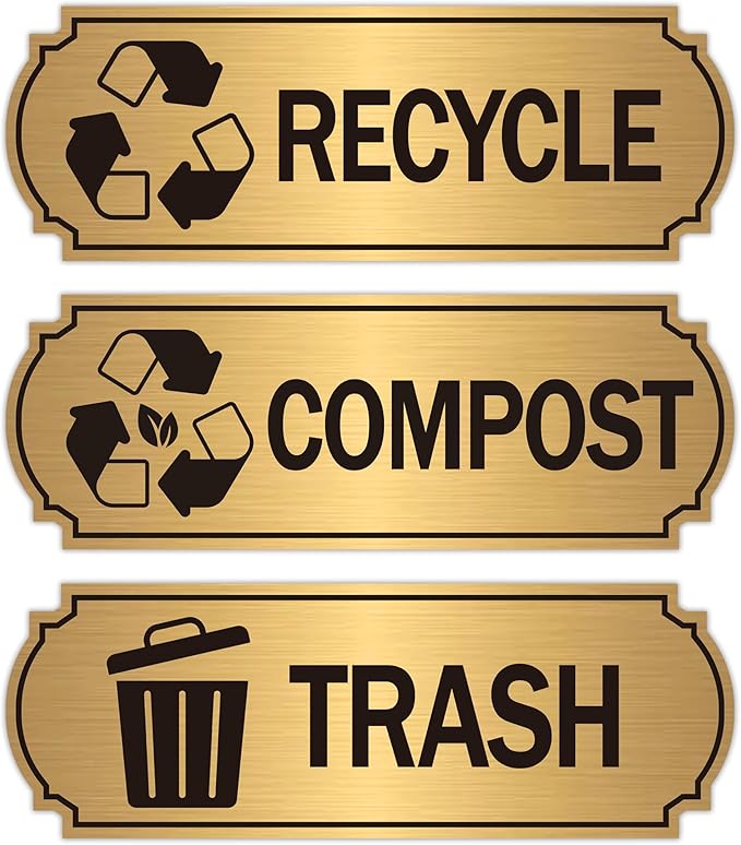 3PCS Recycle Stickers for Trash Bins, Self-Adhesive Waterproof Brushed Gold Trash Compost and Recycling Stickers for Trash Can, Kitchen, Office, Garbage Bin Indoor, Outdoor Use