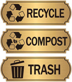 3PCS Recycle Stickers for Trash Bins, Self-Adhesive Waterproof Brushed Gold Trash Compost and Recycling Stickers for Trash Can, Kitchen, Office, Garbage Bin Indoor, Outdoor Use