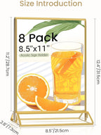 Smarpau 8 Pack Acrylic Sign Holder 8.5x11 Gold Acrylic Frame Clear Table Number Holders Picture Frames Double Sided Gold Frame for Wedding Party Decoration Restaurant Menu Home Display Stand