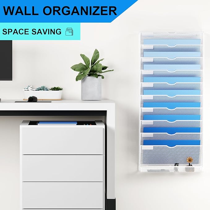GDINDINFAN Hanging Wall File Organizer 10 Tier Wall Mounted File Holder Document Wall Organizer Magazine Organization for Office Home, White