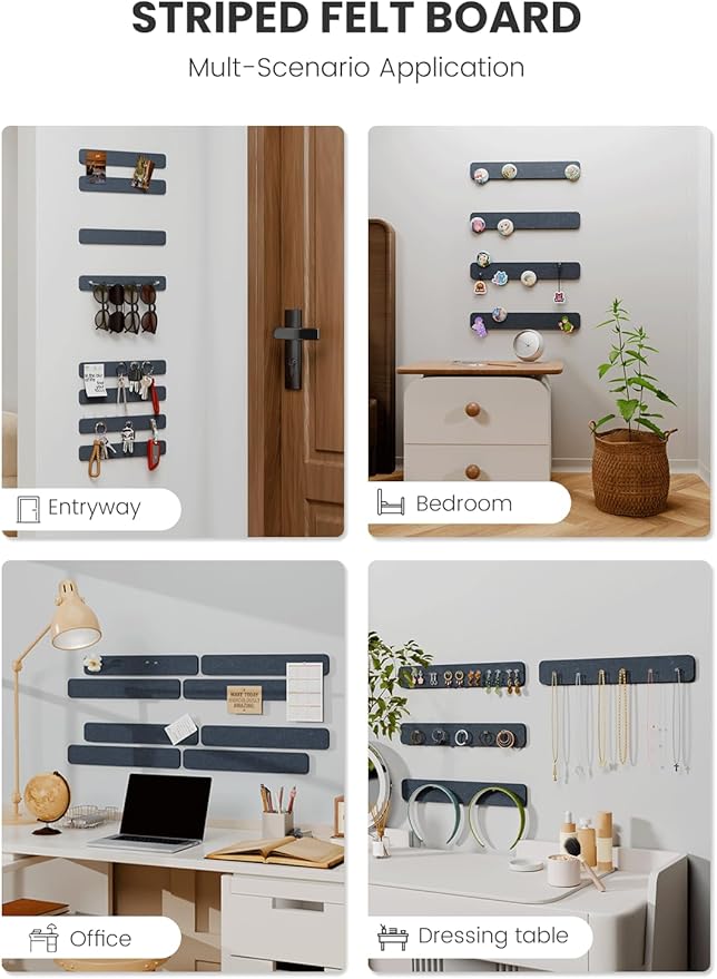 Fluxynara Cork Board Alternative Felt Strip Board 8-Pack 13"x2", Office Pin Board with 50 Push Pins, Adhesive Install for Bedroom Door & Home Office(Deep Charcoal Blue)