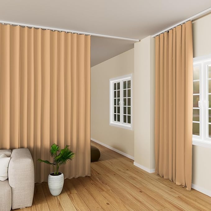 Hoeflife Room Divider Curtains Blackout Floor to Ceiling Curtain with Hook Wall Mount Sliding Door Curtains Ceiling Mount Extra Wide Curtain Wall Divider for Room Separation (Khaki, W100 x H108 Inch)