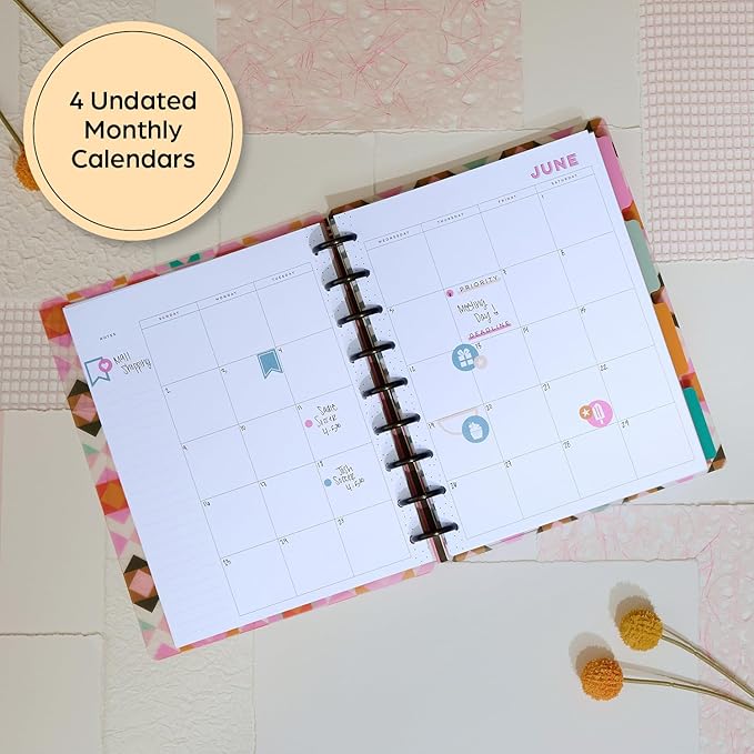 Happy Planner Undated Plans + Notes Monthly Planner Notebook Journal, 4-Month Planner, Homespun Theme, Classic Size, 95 Pages, 4 Dividers, 12 Planner Sticker Sheets, 7" x 9 3/4"