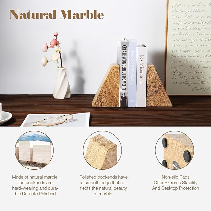 Karibiber Marble Bookends for Heavy Books, Decorative Book Ends for Shelves, Unique Marble Stone Durable and Heavy Book Ends for Hardback Books & CDS, Book Stopper/Holder, Set of 2(Moca Jade)
