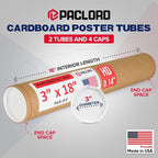 Paclord 3" x 18" Heavy-Duty Reinforced Cardboard Mailing Tube, Pack of 2 Tubes with 4 Caps – Secure USPS Approved – Great for Shipping and Storing of Prints, Artwork, Posters or Documents