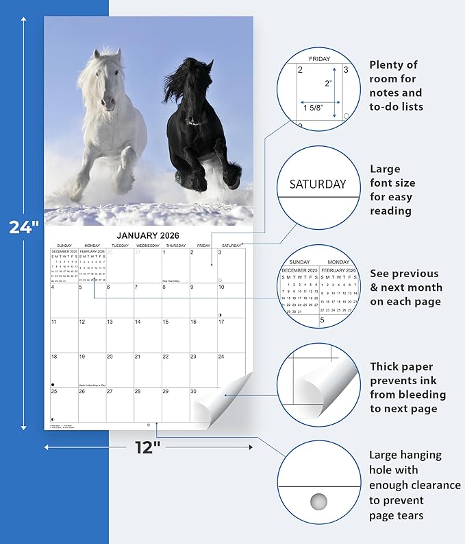 2026 Horses Monthly Wall Calendar | Animals Calendar 2025-2026