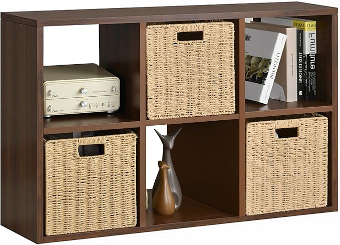 IRONMIX Metal 6 Cube Storage Organizer with Shelves, Modern Short Bookshelf with Storage, 2 Tier Horizontal Bookshelf Cube Shelf, Small TV Stand with Cabinet for Home Office Library(Dark Wooden, 1037)