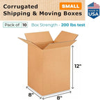 Small Moving & Shipping Boxes 8x8x12 inches (10-Pack) - Extra Strength 200 lb vs Regular - Corrugated Packing Boxes for USPS/FEDEX - Packing Box Small - Box Cardboard by IDL Packaging