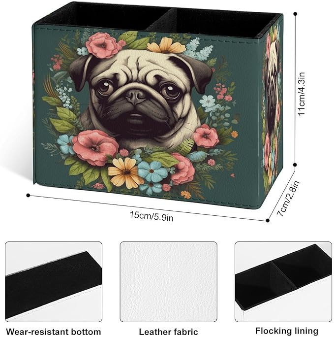 Famame Vintage Flowers Around Pug Pencil Holder for Desk, Leather Desktop Container Pen Cup Storage Study Table Pen Organizer Makeup Brush Holder for Classroom Office Home