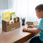WISUCART Bamboo Desk Organizer Mail Holder Countertop Wood Desk Drawer Tabletop Storage Box Pen Holder Letter Sorter Makeup Organizer for School Home Office Supplies with Pen Holder Brown
