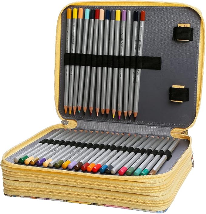 Vomgomfom Colored Pencil Case - 124 Slots Pencil Holder with Zipper Closure Twill Fabric Large Capacity Pencil Case for Watercolor Pens or Markers, Pencil Case Organizer for Artist (Yellow Flower)