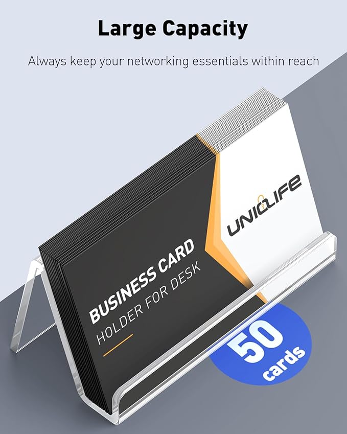 Uniclife 4 Pack Acrylic Business Card Holder for Desk, 3.5" x 1.9" x 2", Clear Horizontal Business Card Display Stand, Desktop Business Card Organizer for Office, Index Card Holder, 50 Card Capacity