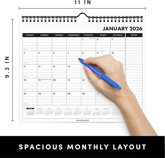 PAPERAGE 2026 Calendar, 12 Months (January 2026 - December 2026), Small (9 in x 11 in), Minimalist Wall and Desk Calendar with Monthly Views, Yearly Plans & Notes Section – Black