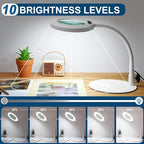 IVMAIE 10X Magnifying Glass with Light, Real Glass Lens, 5 Color Modes Dimmable, Flexible Gooseneck Lighted Magnifier with Stand, LED Desk Lamp Hands Free for Crafts Painting Reading Close Work, White