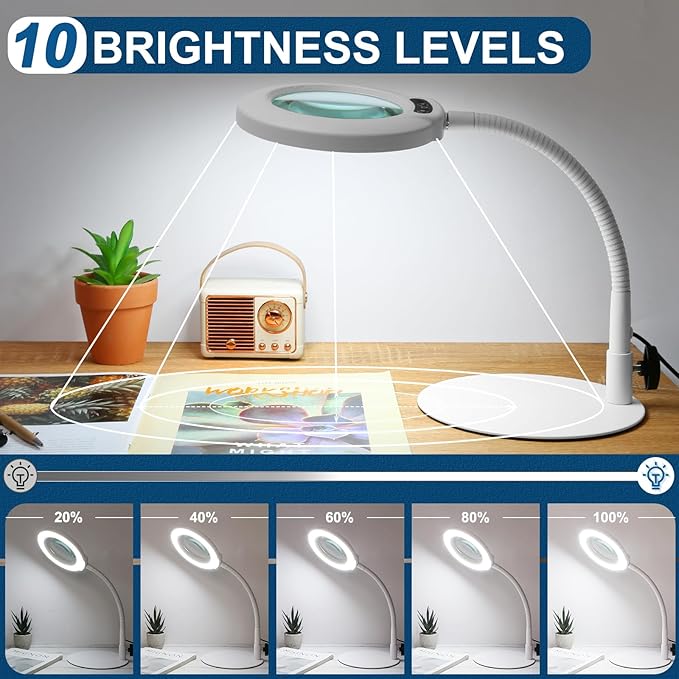 IVMAIE 10X Magnifying Glass with Light, Real Glass Lens, 5 Color Modes Dimmable, Flexible Gooseneck Lighted Magnifier with Stand, LED Desk Lamp Hands Free for Crafts Painting Reading Close Work, White