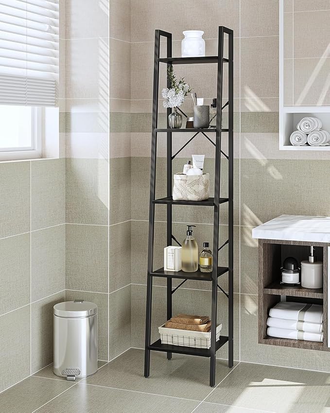 Hzuaneri Ladder Shelf, Bookshelf Bookcase, Freestanding Corner Storage Shelve with 2 Hooks for Home Office, Living Room, Kitchen, Bedroom, Industrial, 11.8" D x 13.4" W x 63" H, Black BC03204B