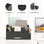 Wisuse Desk Mail Organizer with Drawer - Bamboo Wooden File Bill Sorter Storage Box for Desktop, Letter Countertop Holder for Home Office School Organization Tabletop Accessories Supplies (Black)
