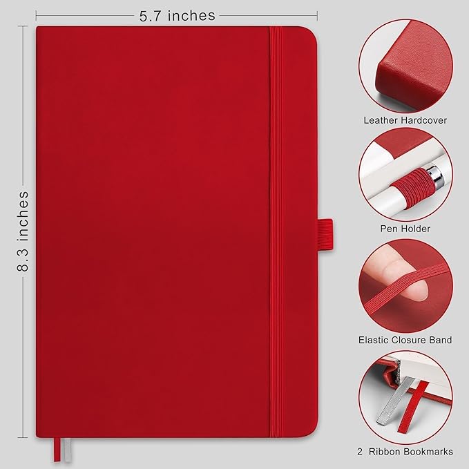 RETTACY Bullet Dotted Journal Notebook, 320 Numbered Pages, A5 Medium Size (5.7'' × 8.3''), Leather Hardcover, 100 GSM Thick Paper, for Bullet Journaling, Planning, Tracking (Red)