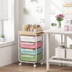 Rolling Storage Utility Cart With 4 Drawers,Kids Craft Art Cart,Makeup Organizer And Storage with Wooden Tabletop,Rainbow