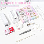 COMFYROOM Desk Accessories with Pen Holder, Office Supplies Desk Organizers and Accessories, Tape Dispenser, Stapler, Staple Remover, Staples, Clips Set, Ruler, Scissor, Pen, Tape (White)