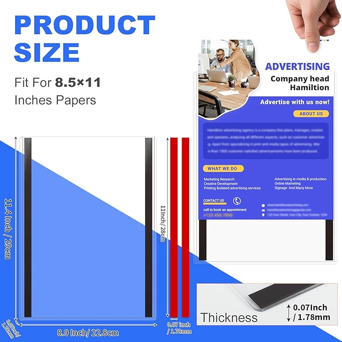 10 Pack 8.5'' x 11'' Inch Magnetic Sign Holders, Rigid Print Protectors, Paper Holder With Adhesive Tape, Plastic Document Holder For Posters Letter Paper Picture, Wall Mount Magnetic Frame for Refrigerator Window, Door, Home, Office, and Store