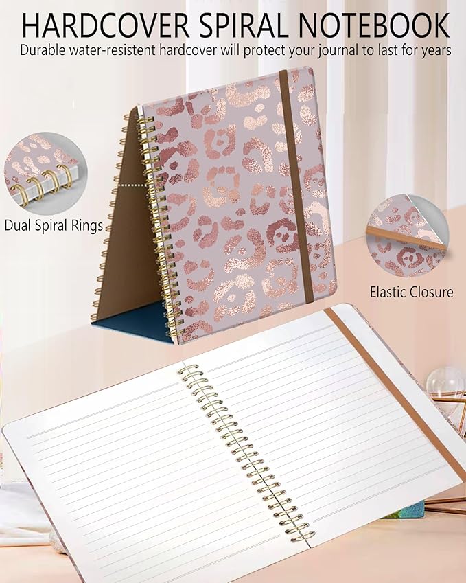 DHGPTS Spiral Journal Notebook, A5 Cute Notebooks for Women Men, College Ruled Hardcover Notebook for Work & Note Taking, 60 Pages Double-Wire Journals for Writing, Pink Glitter Leopard