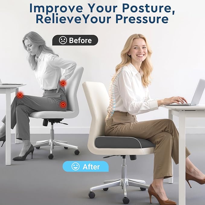 SofterCharm Seat Cushion, Memory Foam Office Chair Cushions for Long Sitting Hours, Chair Pad for Sciatica, Coccyx, Tailbone, Hip Pain & Pressure Relief, Office, Home, Car Seats, Airplane, Gray/Large