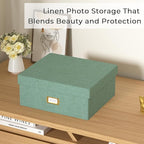 Decorative Photo Storage Box - Linen Photo Box Organizer with Dividers, Fits Holds Up to 1700 Pictures and 4x6 Photos, Memory Keepsake Organizer for Photos, Scrapbook Supplies, Cards, Stamps (Green)