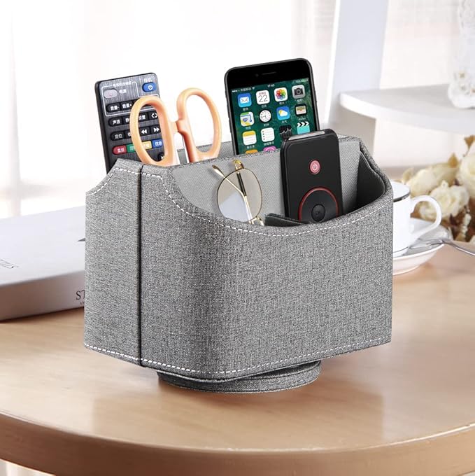 PUSU Leather 360°Rotatable Remote Control Holder,Nightstand TV Remote Caddy,Office Supplies Desktop Organizer,Spinning Storage Box for Pen,Mail,Phone,DVD, Blu-Ray, Media Player, Heater Controllers