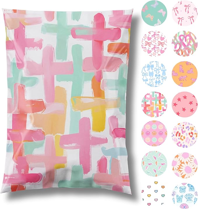Pretty Package Store 6x9 Designer Poly Mailer 100 Pack Heavy Duty Waterproof Self Seal Shipping Bags for Small Business Large Mailing Envelopes Bulk Tear Resistant Packaging Pastel Cross Faith