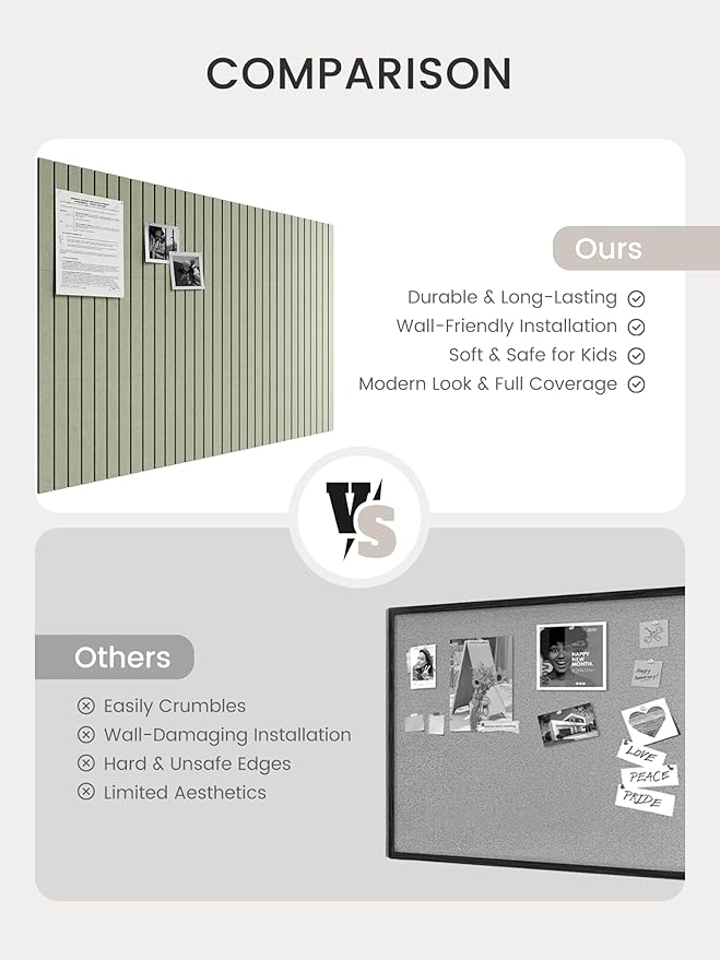 Bumusty Large Cork Board Alternative-47 x35 Felt Bulletin Board Tiles, with 30 Pushpins, 70 Adhesive Tabs, 12-Pack Slat Wall Paneling, Cork Boards for Office Push Pin Board Felt Board-Sage