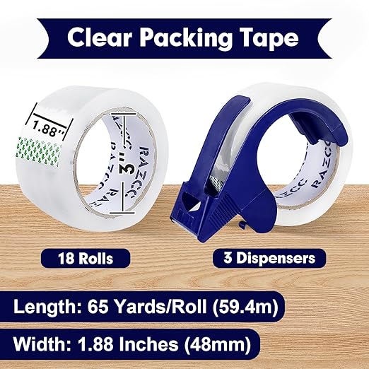 RAZCC Packing Tape, 18 Rolls Clear Heavy Duty Packaging Tape with Dispensers for Packing, Shipping, Moving and Mailing, Thicker Sealing Tape-1.88" x 65 Yards Per Roll, 1170 Total Yards