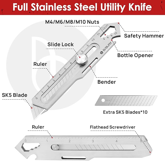 BIBURY 2 Pack Mutipurpose Utility Knife, Heave Duty Full Stainless Steel Retractable Box Cutter with 10PCS replaceable Blades (18mm Wide), Multi-functional Extended Razor Knife for Office, Home,School