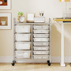 LDAILY 12 Drawer Rolling Storage Cart, Rolling Cart with Drawers for Classroom, Art Supply Craft Organizer on Wheel with Metal Frame & Handles for Home Office School (Clear, 12 Drawer Left-Right)