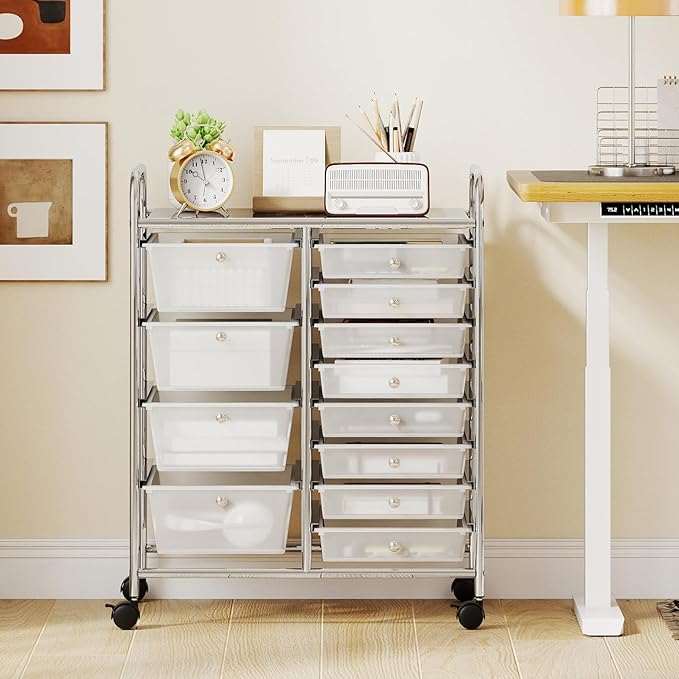 LDAILY 12 Drawer Rolling Storage Cart, Rolling Cart with Drawers for Classroom, Art Supply Craft Organizer on Wheel with Metal Frame & Handles for Home Office School (Clear, 12 Drawer Left-Right)