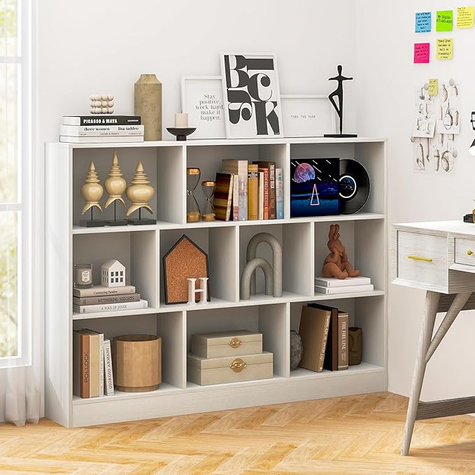 Tangkula 10-Cube Bookshelf, 55”L Floor Bookcase with 2 Anti-Tipping Kits, Freestanding Storage Organizer, 4-Tier Display Shelf for Home, Office & Dorms, Natural/White (White, 10-Cube-Large)