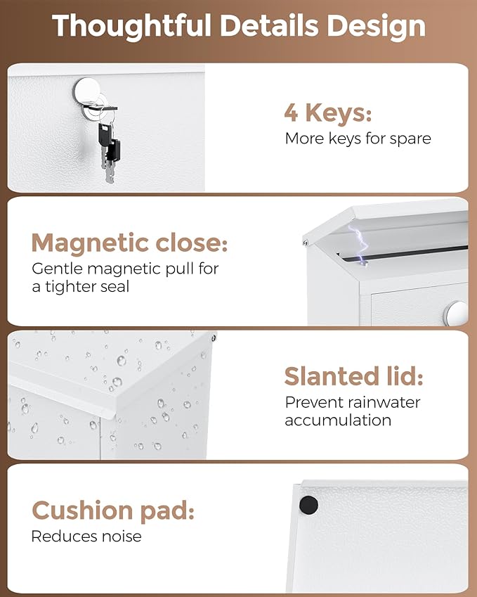 LAND·VOI Locking Wall-Mount Mailbox for Outside, with 4 Keys, Galvanized Steel Rustproof Metal Postbox, 3.1" Dx7.5 Wx10.8 H, Includes 3 Sets of Mailbox Numbers, Nameplate,White