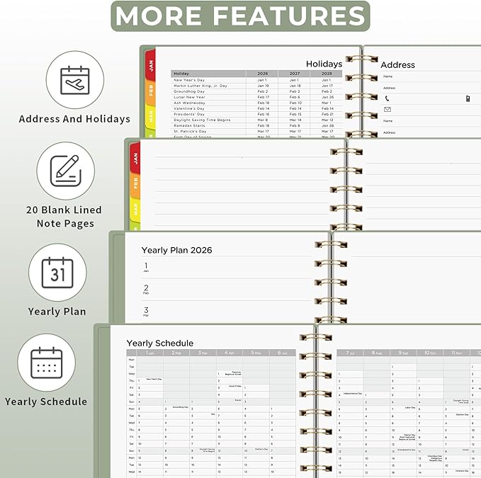EMSHOI 2026 Planner Weekly and Monthly, Week on One Page with Notes, A5 (5.7"x8.3"), Jan-Dec 2026 Calendar Agenda with Monthly Tabs, Note Pages, 100GSM Thick Paper, Flexible Cover, Light Green