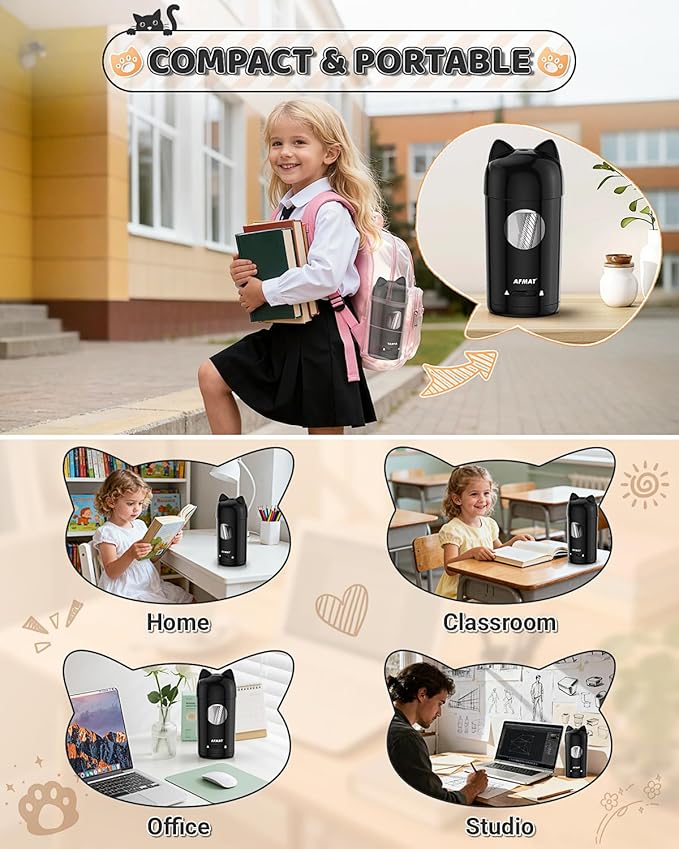 AFMAT Electric Pencil Sharpener, Fully Automatic Pencil Sharpener for Kids, Auto in & Out, for φ7-8mm No.2/Colored Pencils, Rechargeable & Cordless, Cute Cat Pencil Sharpeners for Classroom Home PSX9