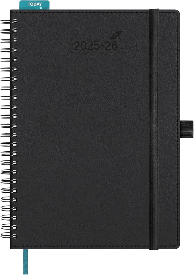 BEZEND 2026 Planner Weekly and Monthly (6" x 8.5") Daily Calendar Book with Tabs (Jul 25-Dec 26) Vertical Hourly Timeslots, Storage Pocket, Pen Holder, Spiral, PU Leather Softcover - Black